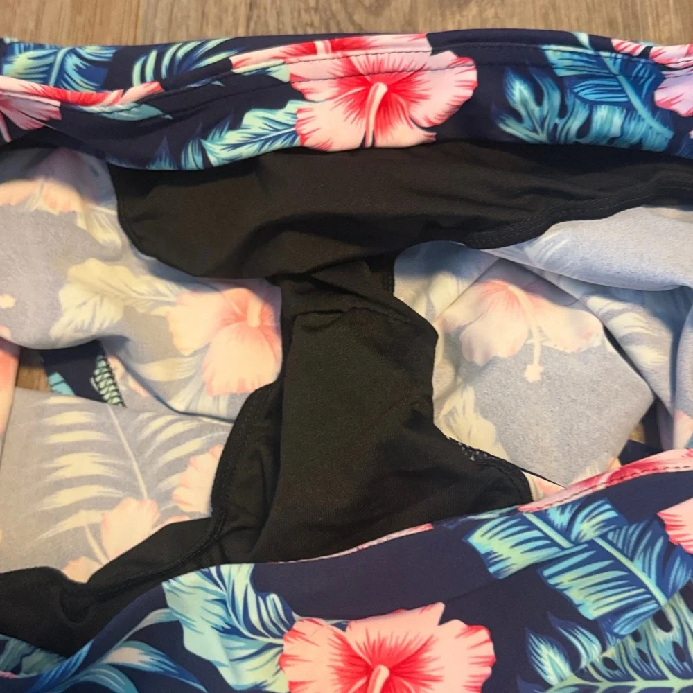 Women’s Gradual Tropical Floral High Waist Swim Shorts. Navy with Pink Flowers